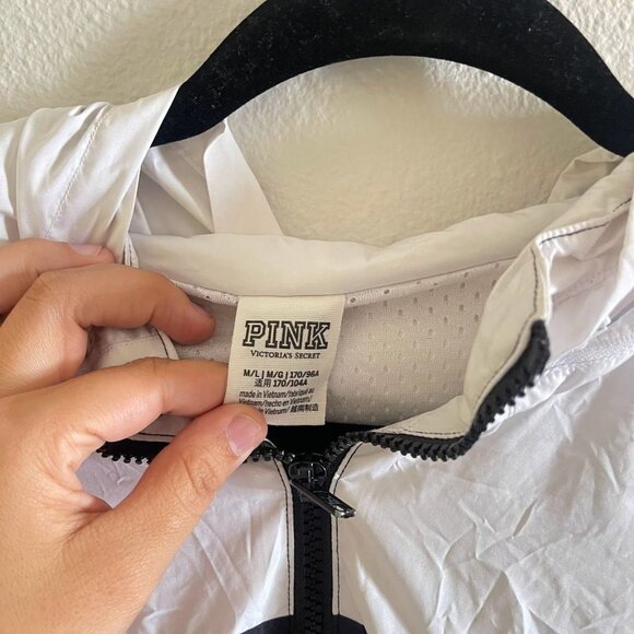 Pink Victorias Secret Womens Gray White Full‎ Zip Hooded Windbreaker Jacket M/L - Picture 2 of 3